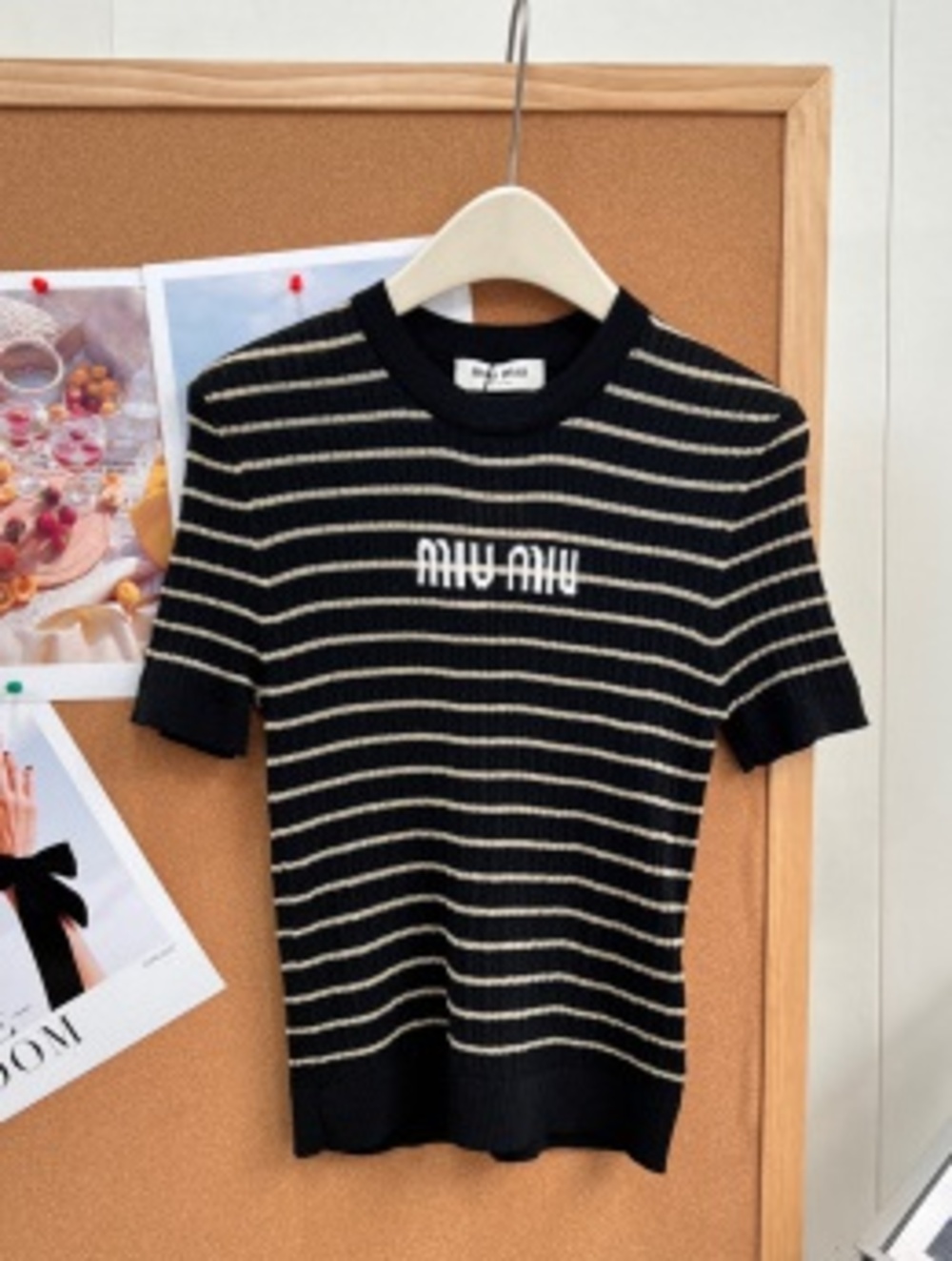 ✨Authentic Miu Miu Striped Ribbed Short‑Sleeve Knit Top